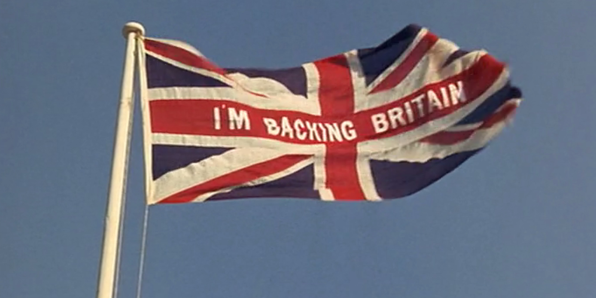 Image: I'm Backing Britain across an Union Jack. Screen grab from Carry On Up The Khyber.