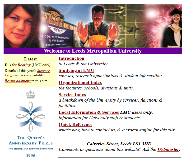 A screen grab of the Leeds Metropolitan University website from 1997.